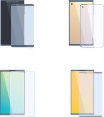 Vector illustration of modern smartphones with screen protectors in various views