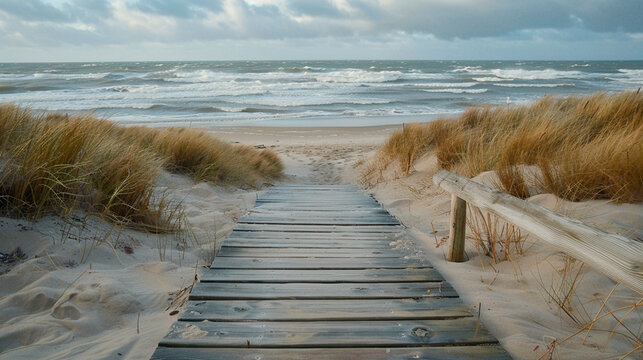 wooden pier with sea waves and cloudy sky