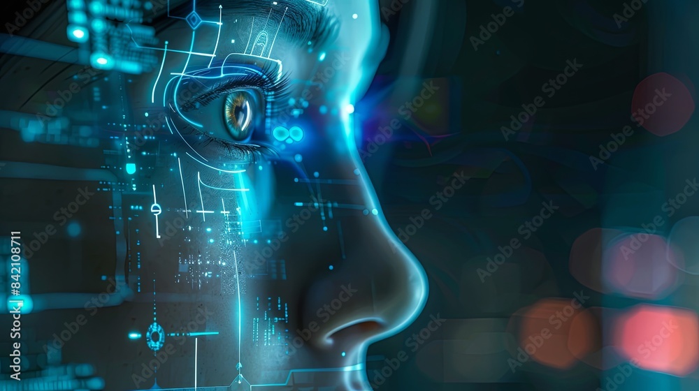 Leinwandbilder A digital rendering of a face with intricate, glowing lines overlaying it, depicting the concept of a facial recognition system. Generative AI