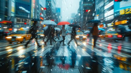 Busy City Street With People Walking In The Rain