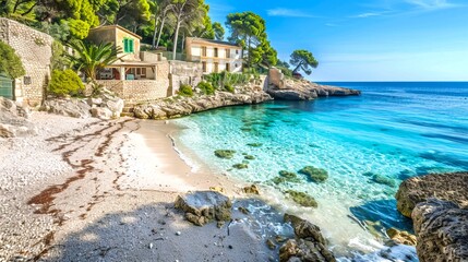 Fototapeta premium Scenic mediterranean coastal village with crystal clear water and charming houses. Captivating tourist destination image. Perfect for travel brochures and relaxation concept. 