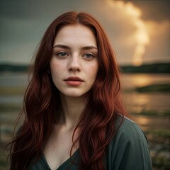 images of a girl with red hair against the backdrop of nature Generative Ai