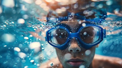 person snorkeling underwater. Boy 12 years old swimmer in a blue pool cap, blue pool goggles, swims deep underwater in a sports pool, underwater bubbles, sun. Paris international sport event