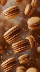 Close-up of brown macarons with caramel filling floating in mid-air, dessert concept