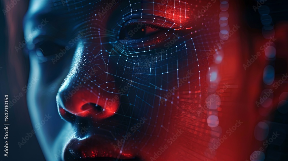 Aufkleber A close-up shot of a face illuminated in red and blue light, with a digital grid overlaying the features. Generative AI