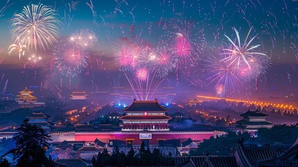 Fototapeta premium Enchanting night cityscape with brilliant fireworks illuminating a traditional architectural city. The image captures a festive celebration with vibrant colors and cultural aesthetics. AI