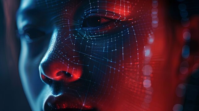 A close-up shot of a face illuminated in red and blue light, with a digital grid overlaying the features. Generative AI
