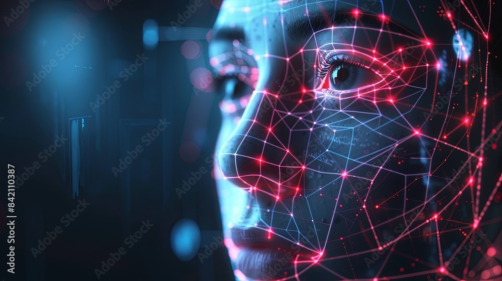 Poster A close-up of a face with a red and blue digital mesh overlay, illustrating the concept of facial recognition technology. Generative AI