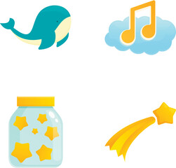 Cheerful and playful cute cartoon elements collection with colorful icons of animals. Nature. And magical fantasy. Including whimsical illustrations of a cheerful whale. Musical notes. Starry sky