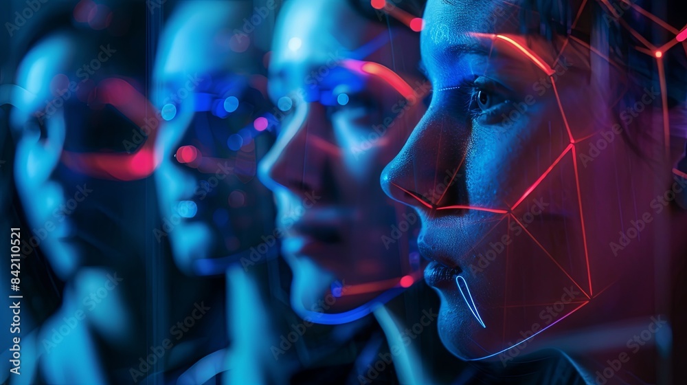 Aufkleber close-up of four individuals faces scanned by a facial recognition system, illuminated by blue and r