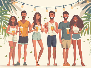 Fototapeta premium summer party. A group of people are standing together, smiling and holding drinks. Scene is happy and social