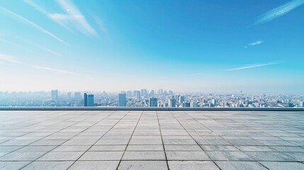 Fototapeta premium Spacious Rooftop with Panoramic Cityscape View Under Clear Blue Sky
