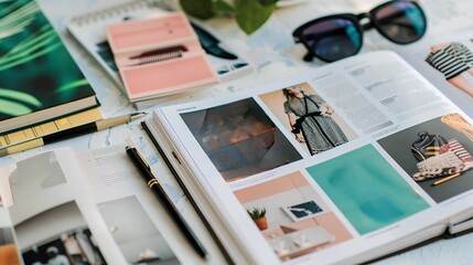 Open Fashion Magazine with Sunglasses and Stationery on a Stylish Desk