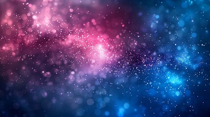 A dark blue and pink gradient background with particles of light.