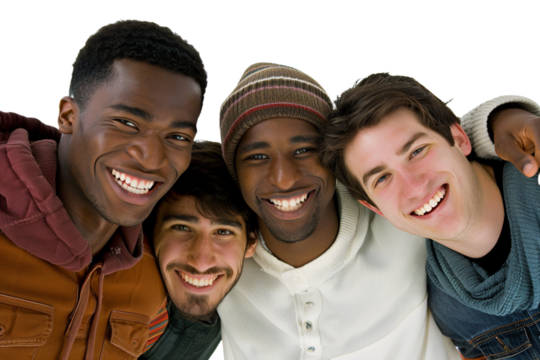 A PNG image depicts a group of male friends, arm in arm, sharing smiles and laughter