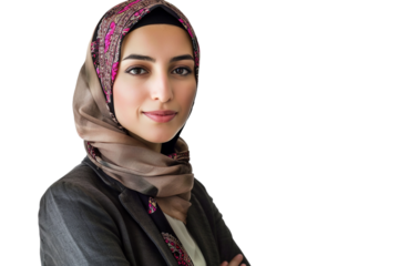 A PNG image portrays a modern Middle Eastern businesswoman wearing a headscarf