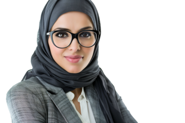 A PNG image portrays a modern Middle Eastern businesswoman wearing a headscarf