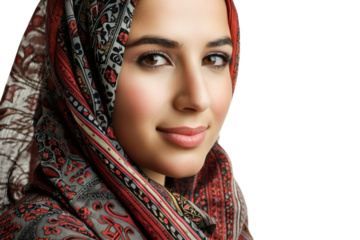 A PNG image portrays a modern Middle Eastern businesswoman wearing a headscarf