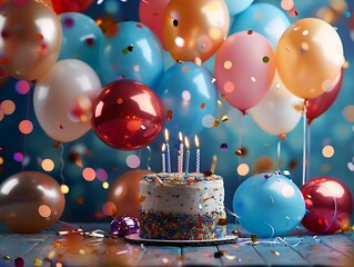 Birthday photo zone. Party celebration background. Balloons and cake. Confetti
