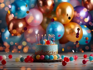 Birthday photo zone. Party celebration background. Balloons and cake. Confetti
