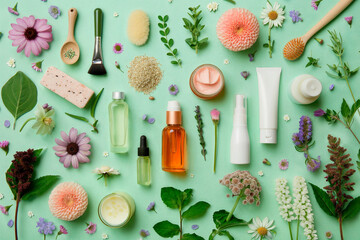 Presentation of cosmetics with natural flowers and natural ingredients, plants, organic elements, petals, on a green background, top view