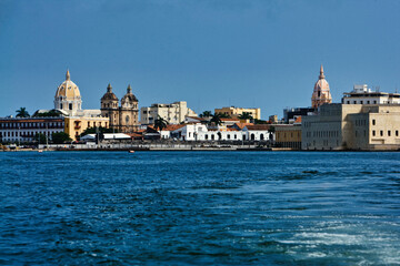 Cartagena, Bolivar, Colombia. February, 2020: City convention center and boat on the sea.