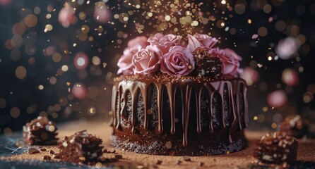 Chocolate Cake Decorated With Pink Roses and Sprinkles