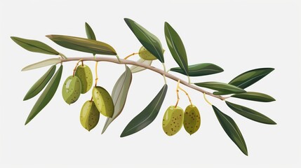 Elegant illustration of a green olive branch with detailed leaves on white background. Perfect for botanical prints and nature-inspired designs. Ideal f AI