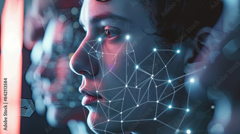 Aufkleber A close-up shot of a persons face, analyzed by a facial recognition system. A digital mesh of lines and nodes covers the face, indicating the systems analysis. Generative AI