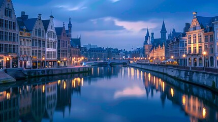 Fototapeta premium Beautiful European city canal at dusk with reflections on the water. Gothic and traditional buildings line the calm waterway. Stunning blue hour scene perfect for websites,AI