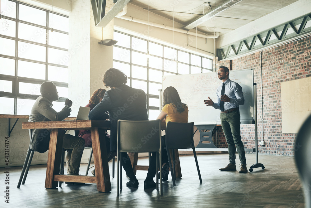 Poster Whiteboard, manager or businessman in presentation for teaching, problem solving or solution in meeting. People, workshop or leader talking in team training, coaching class or learning opportunity