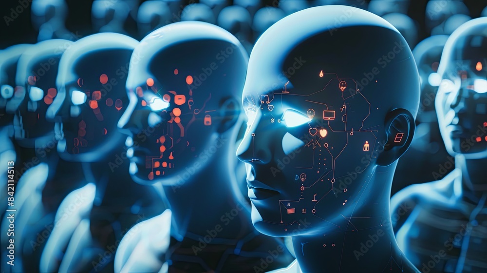 Aufkleber a close-up view of a crowd of faces being scanned by facial recognition technology. generative ai