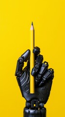 Robotic hand holding a yellow pencil against yellow background. Technology and creativity concept