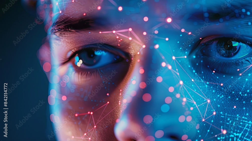 Aufkleber A blue and red digital network overlays a persons face, highlighting the intricate patterns used in facial recognition technology. Generative AI