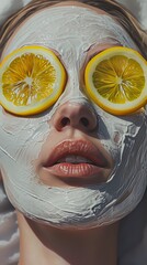 Woman with facial mask and lemon slices over eyes, close-up. Skincare and relaxation concept