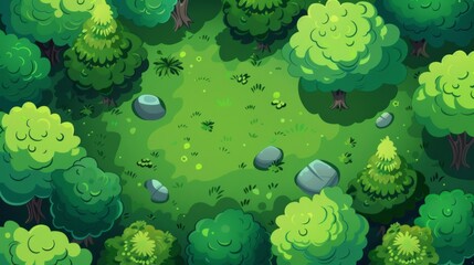 The background of the cartoon is a bird's-eye view of a forest with a field in the middle.