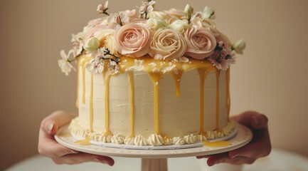 A Single Tiered White Cake Topped With Flowers and Drizzled With Caramel