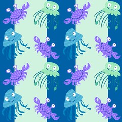 Summer animals print seamless cartoon crabs and jellyfish pattern for wrapping