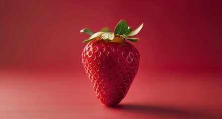 Single Ripe Strawberry on a Red Surface in Sunlight