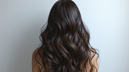 Naklejka premium Woman with long wavy dark hair, back view. Haircare and beauty concept