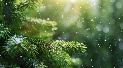 Close Up Of Evergreen Tree Branch With Sunlight And Snow - Powered by Adobe