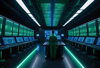Futuristic High-Tech Control Room with Data Screens and Green Holograms