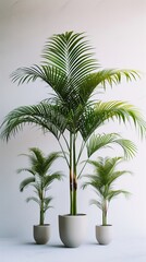 Obraz premium Three potted palm plants against a white background. Minimalist indoor plant decor concept