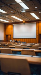 Modern lecture hall with empty desks and large projector screen, ready for presentation or class, focus on seating
