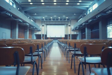 Empty conference hall with rows of chairs and large screen, ideal for business presentations, seminars or events
