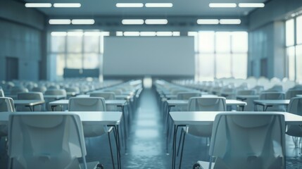 Empty modern lecture hall with rows of white desks and chairs, large projector screen and bright windows in background