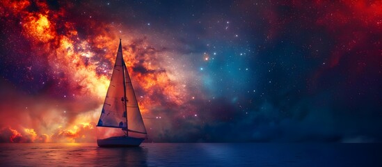 A Sailboat Traveling Among The Stars In A Colorful Rainbow Galaxy Sea In Stars And Space (Generative AI)