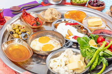 Traditional Turkish Breakfast Table (Serpme Kahvalti). Traditional Turkish village breakfast with...