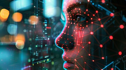 A close-up shot of a face being scanned by a facial recognition system, with red dots tracing the contours of the face. Generative AI