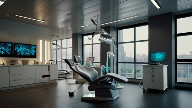 a modern dental clinic room with an advanced dentist&rsquo;s chair at its center. The room features sleek, high-tech equipment and monitors displaying dental images